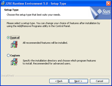 Caixa de dilogo de tipo de instalao do Java Runtime Environment 5.0